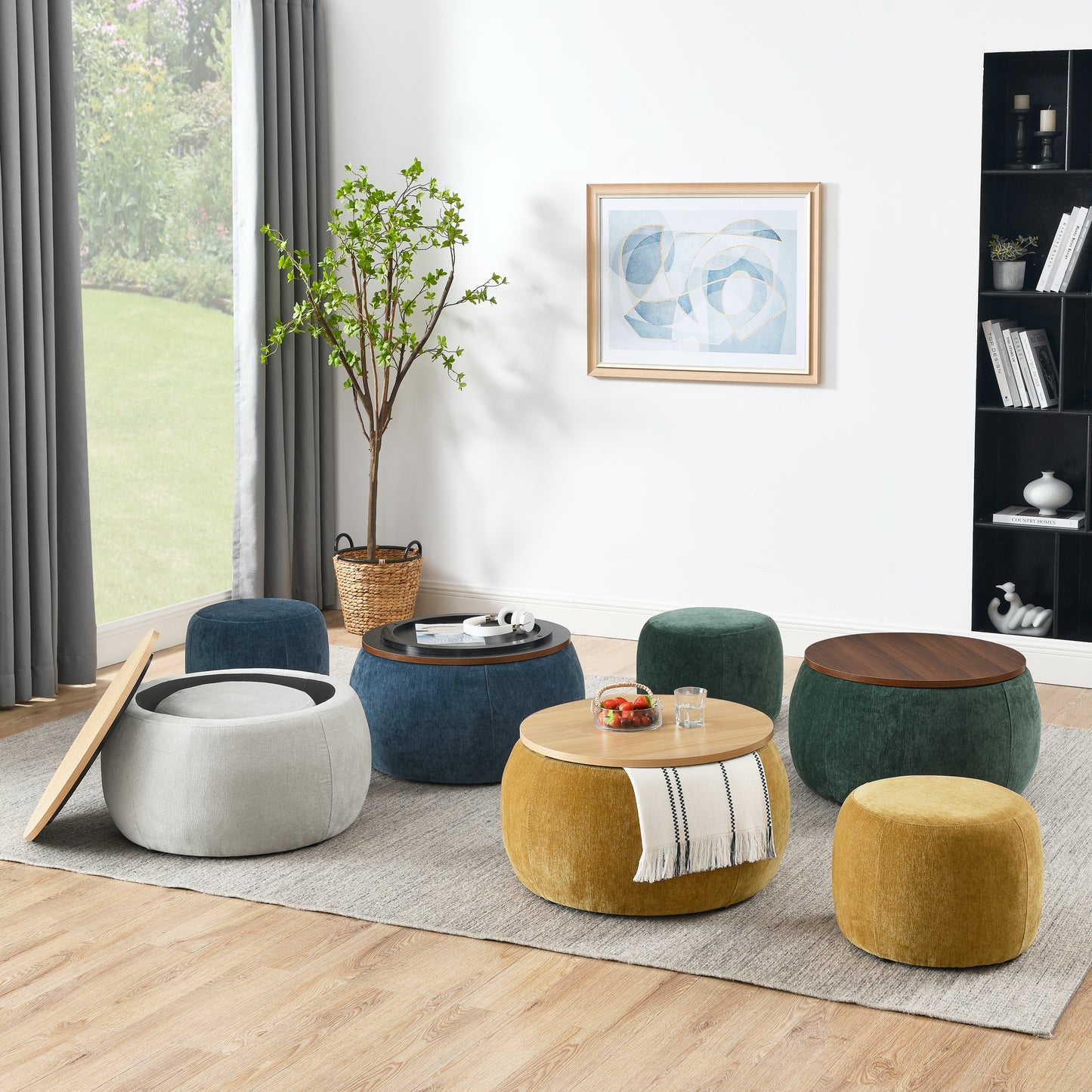 Jules 2-PC Upholstered Storage Ottoman Set with Wood Top, Dark Yellow