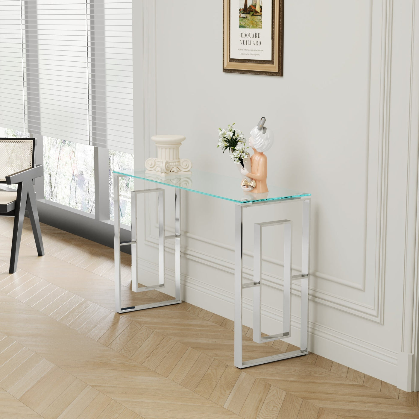 Chic Elegance Silver Stainless Steel & Glass Console Table