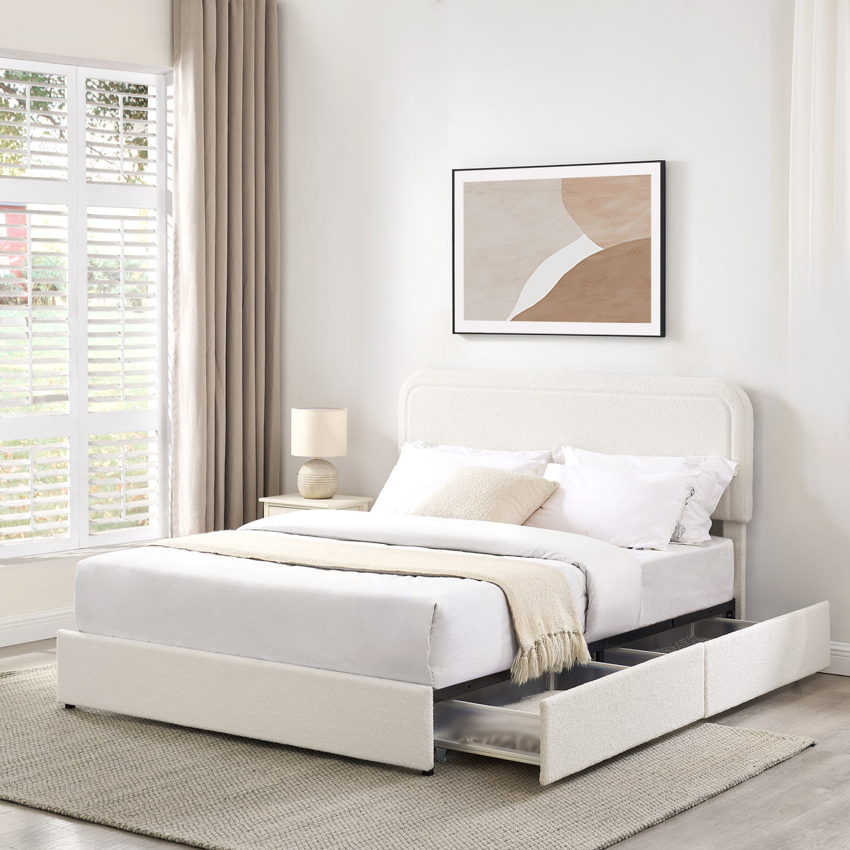 Lilly Patented 2-Drawers Storage Bed Queen Size Ivory Boucle Upholstered Platform Bed