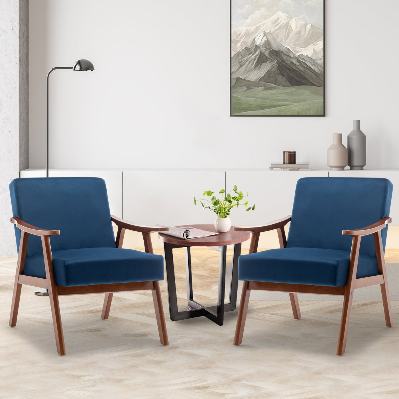 Lyraea Mid-Century Modern Blue Velvet Wingback Accent Chair