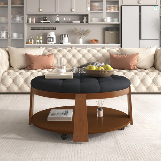 Faron Modern Round Ottoman with Tufted Top, Black & Brown