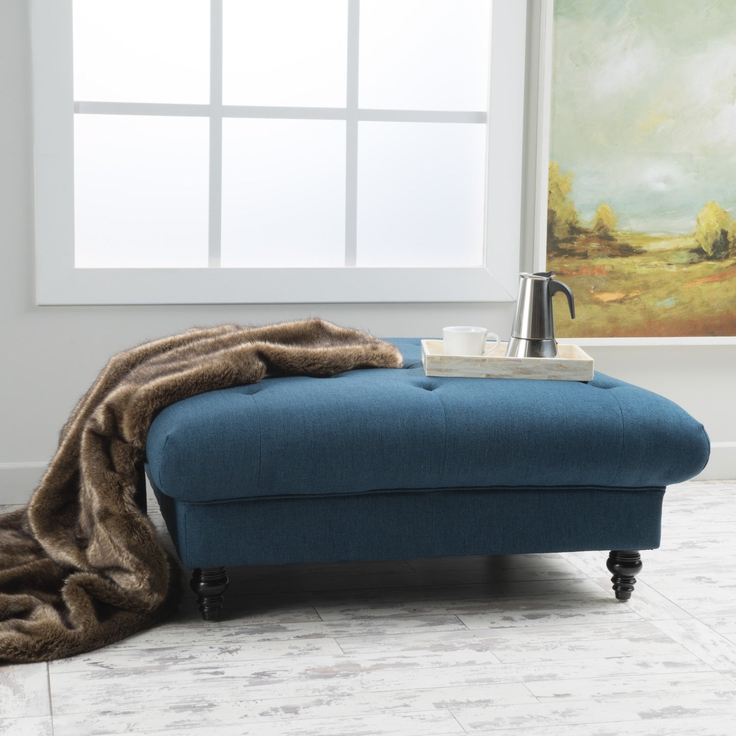 Madrid Dark Gray Tufted Ottoman with Turned Legs, Blue