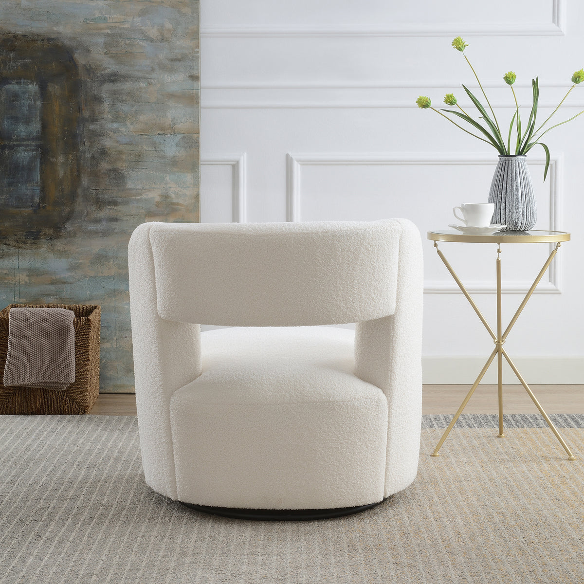 Raven Modern Teddy Fabric Upholstered Swivel Barrel Chair, Cream