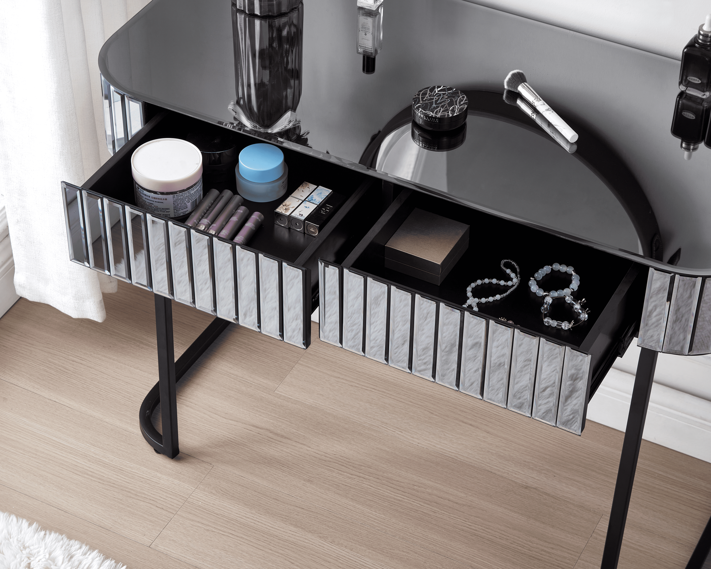 Stowe 39" Mirrored Makeup Vanity Table with Stainless Steel Base, Gray