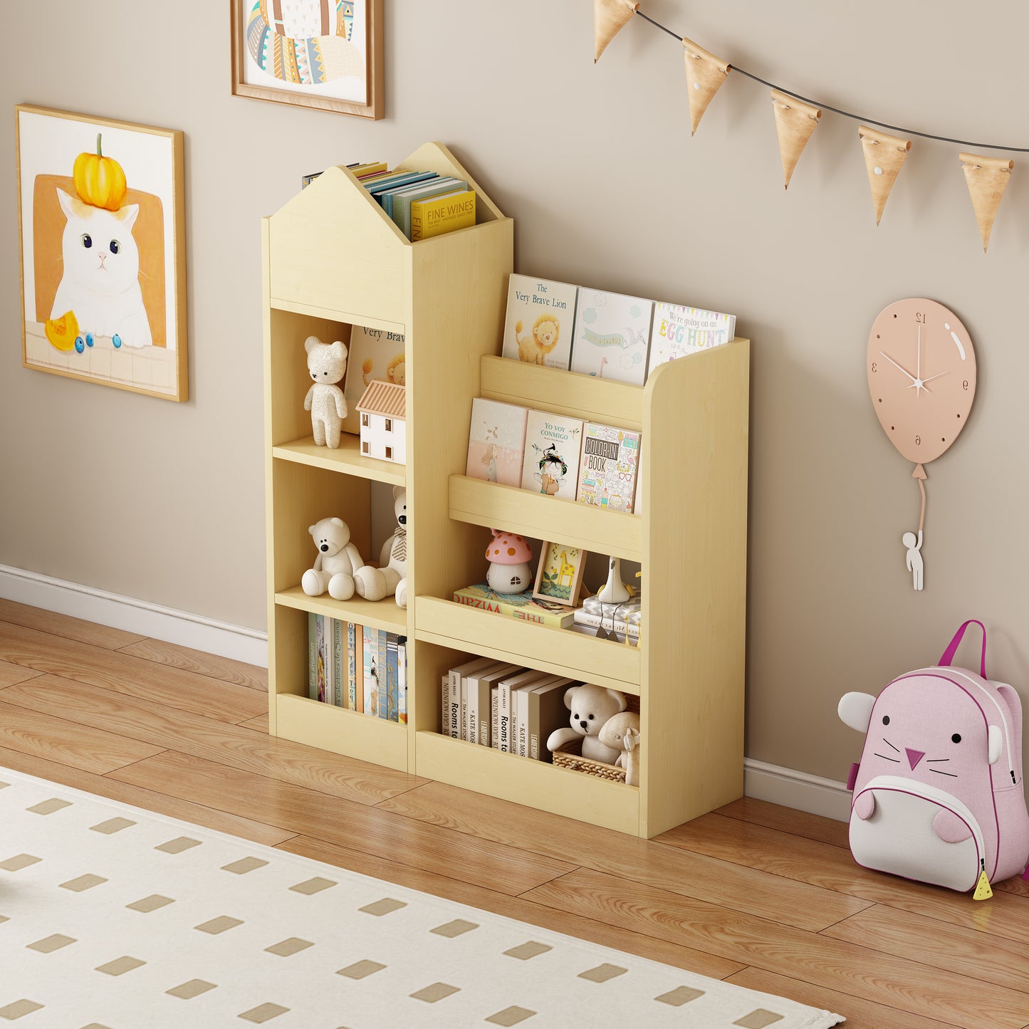 Wooden Toy & Book Organizer with Adjustable Shelf, Yellow