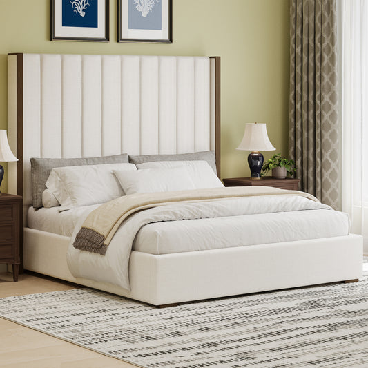 Evadne 67.5" Tall Upholstered Queen Size Linen Bed, Beige