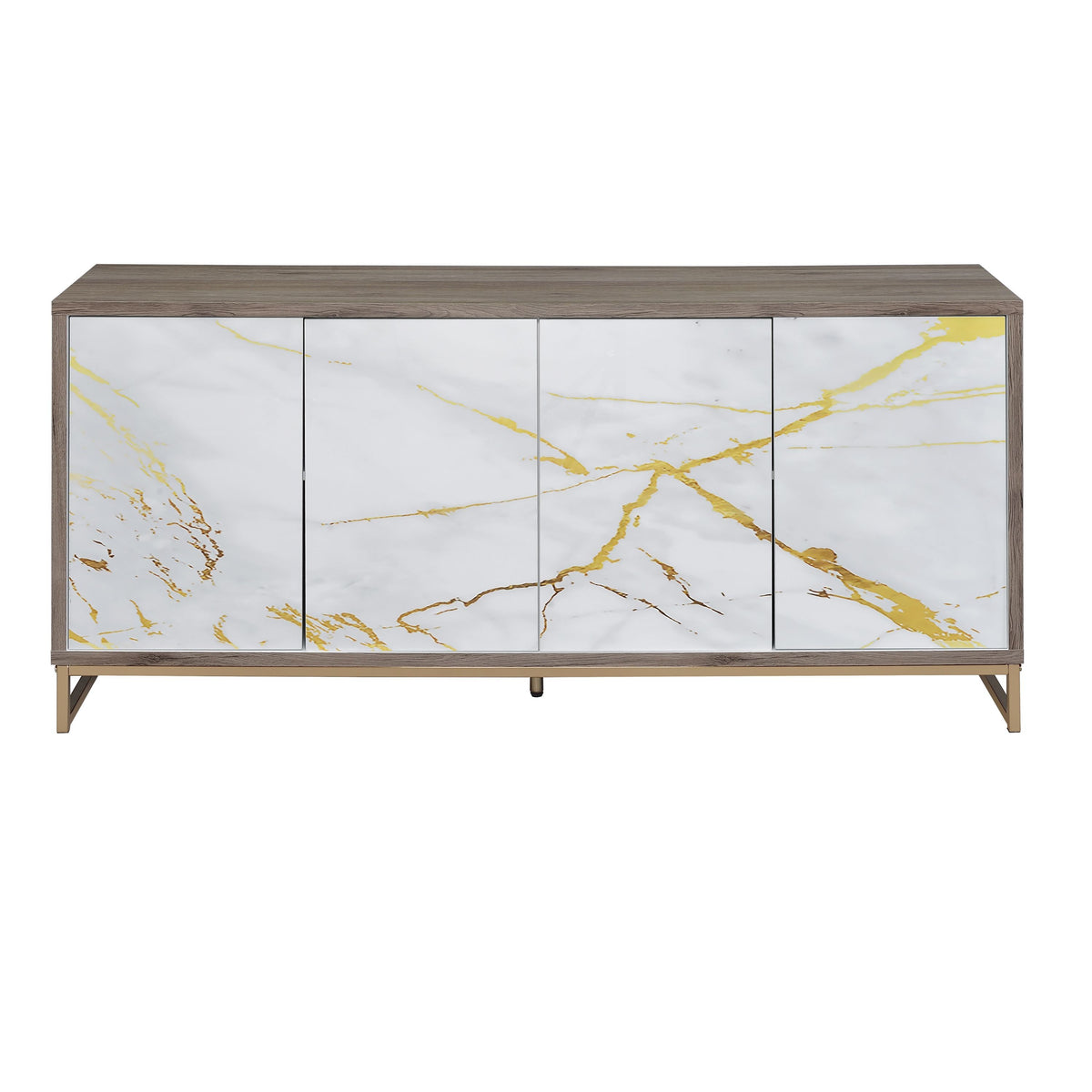 Paavan White Marble Paint Oak & Champagne Finish Console Cabinet