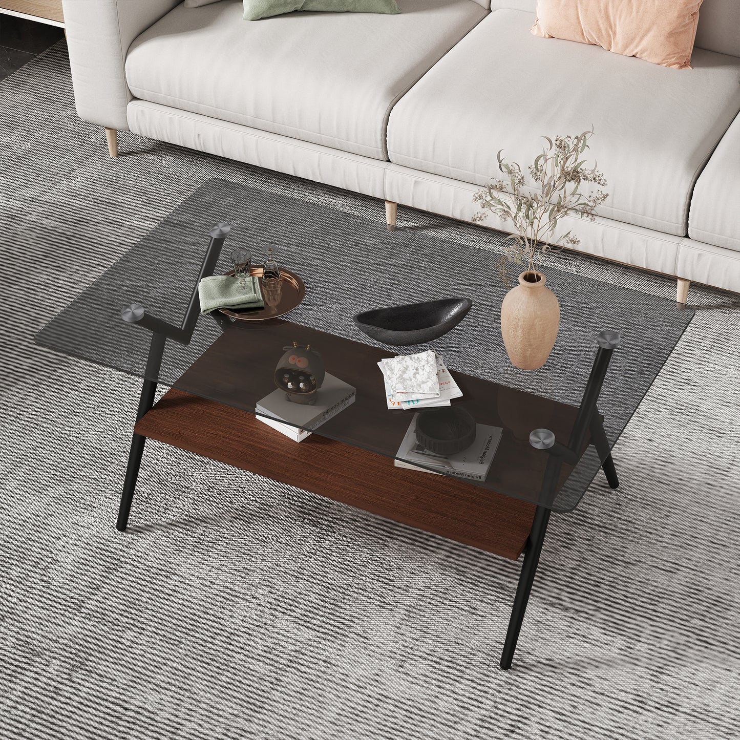 Waylon Modern Gray Glass Top Coffee Table with Shelf