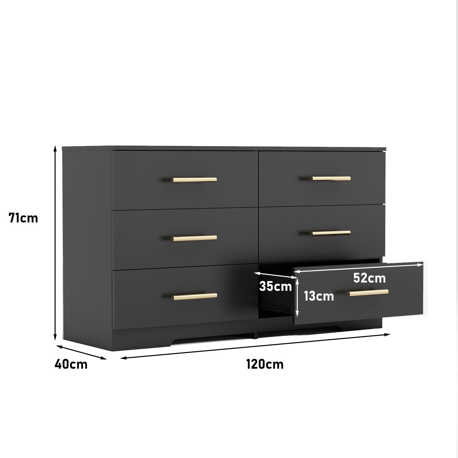 Tristian Modern 6-Drawer Dresser with Gold Handles, Black