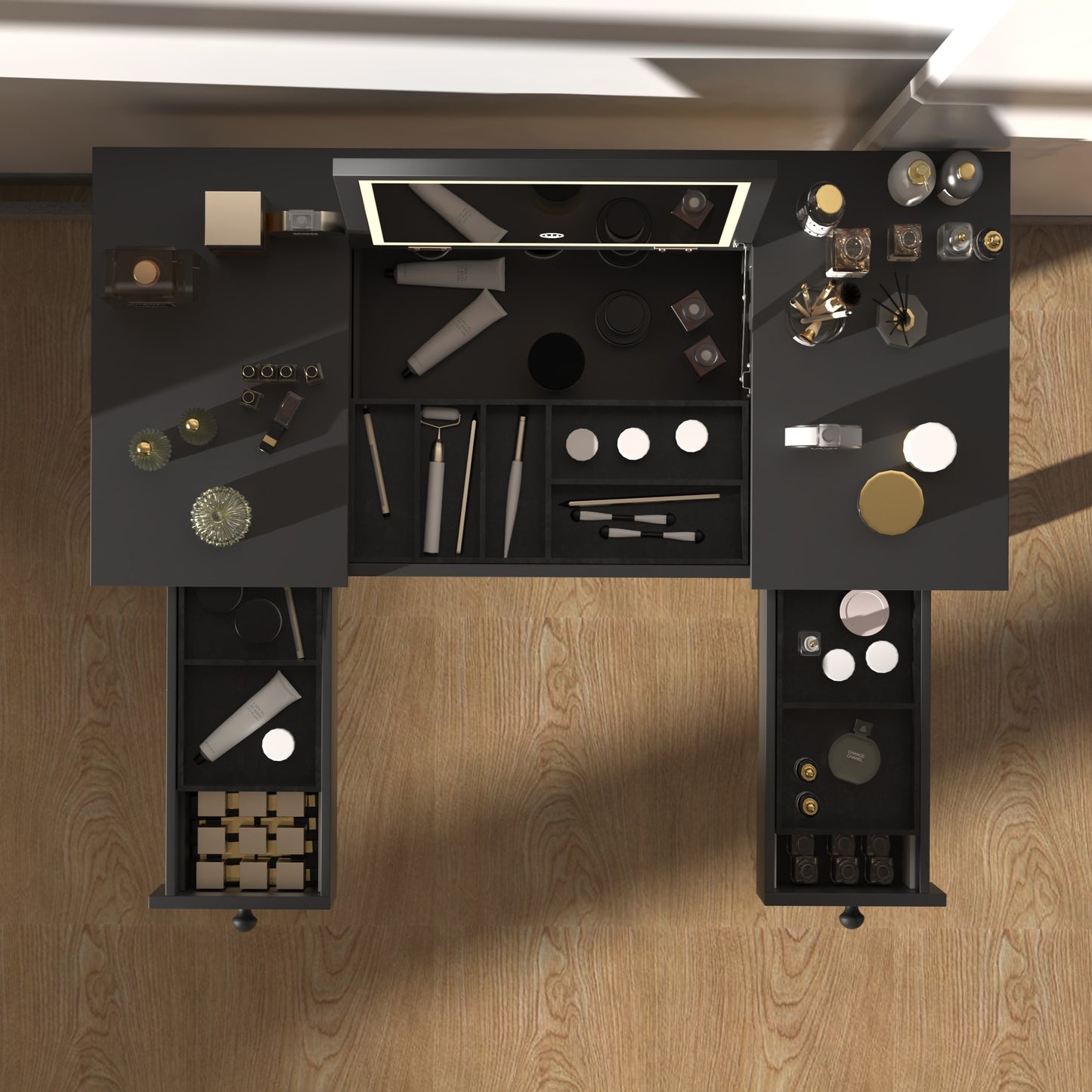 Ashland Elegant Black Vanity Table with LED Lights, Flip-Top Mirror and 2 Drawers