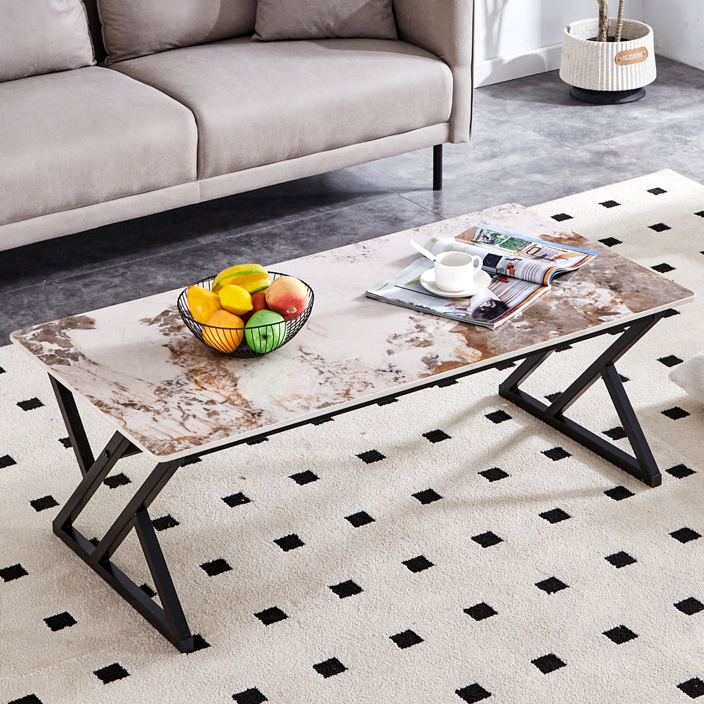 Ainsley Modern Minimalist Sintered Stone Coffee Table with Black Legs