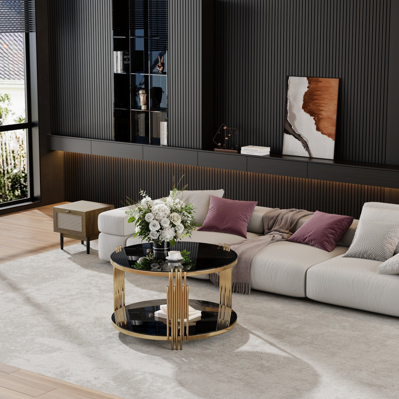 Clover Modern Black Mirror Top Coffee Table with Gold Frame