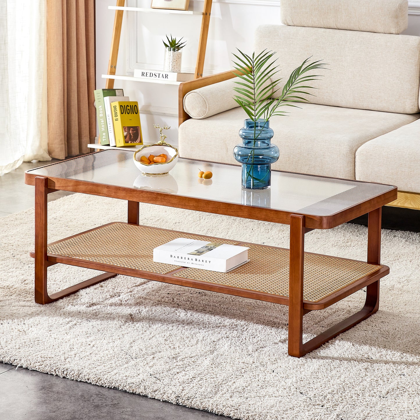 Baylor Mid-Century Modern Glass Top Coffee Table with Rattan Shelf, Walnut