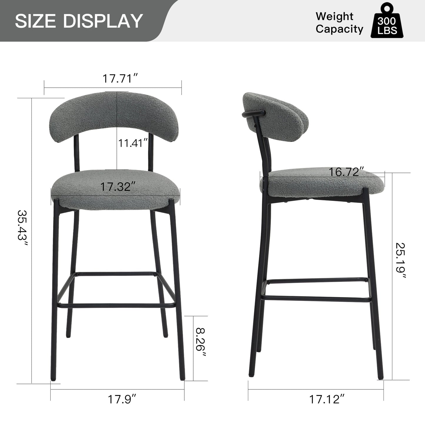 Modern Grey Teddy Fabric 26" Counter Height Bar Stool with Black Powder-Coated Base Set of 2 Grey
