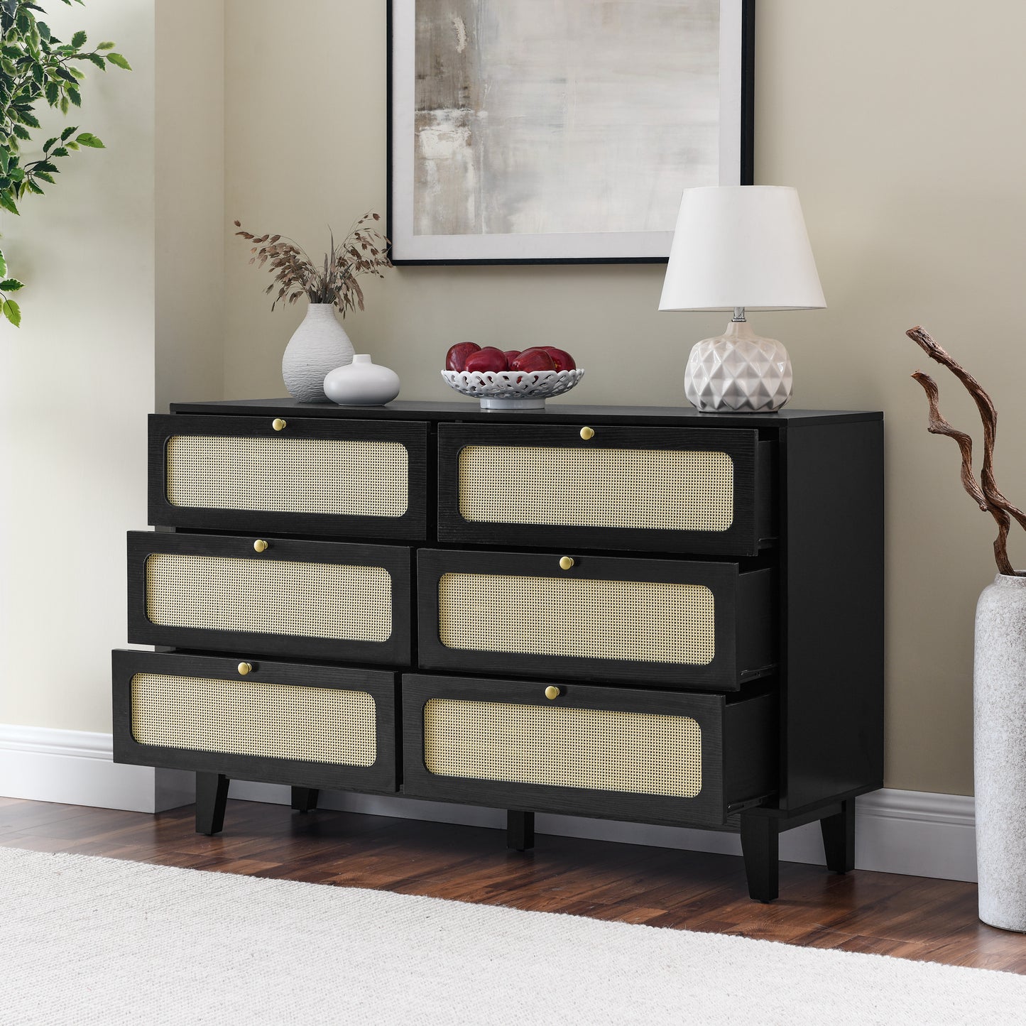 Alaric Mid-Century Modern 6-Drawer Dresser, Black & Rattan