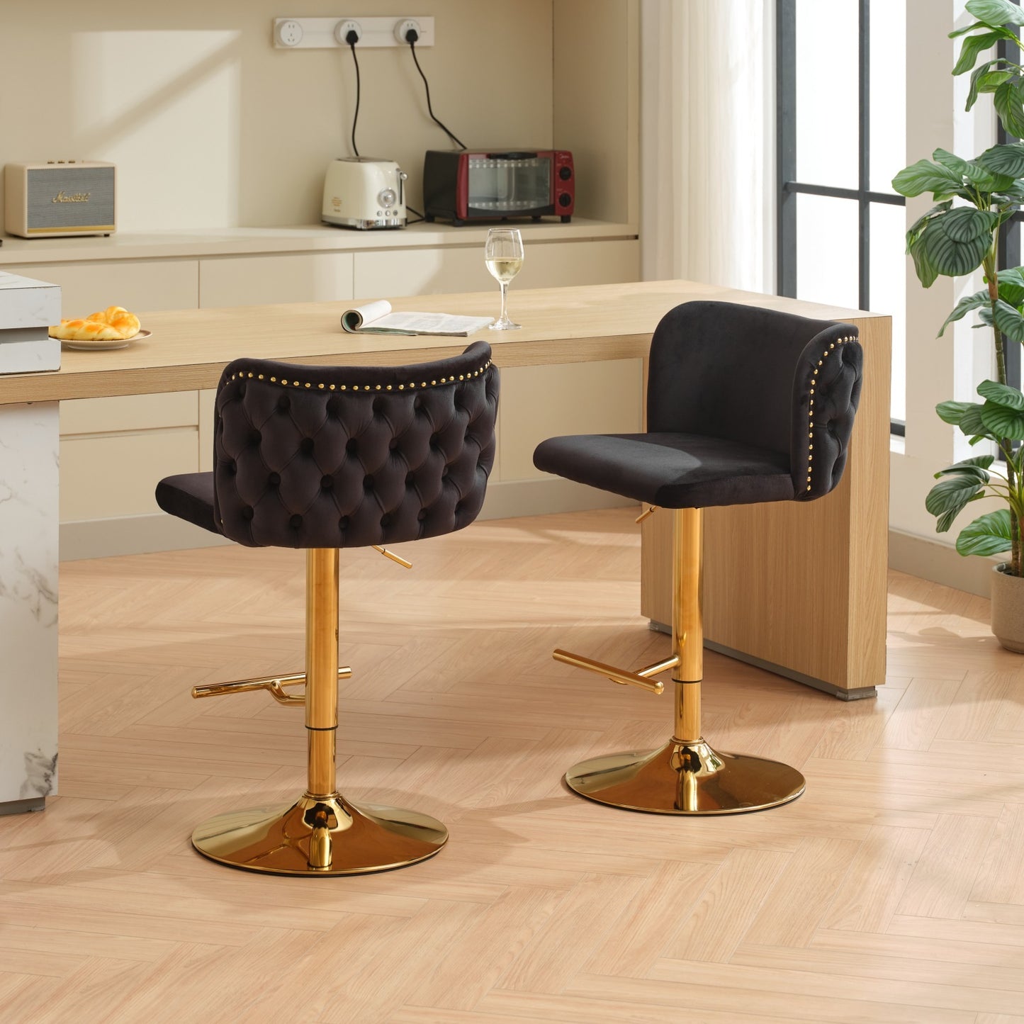 Junia Velvet Tufted Adjustable Height Bar Stools (Set of 2) Black