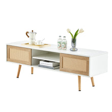 Clara Mid-Century Modern TV Stand with Rattan Doors and Angled Legs, White