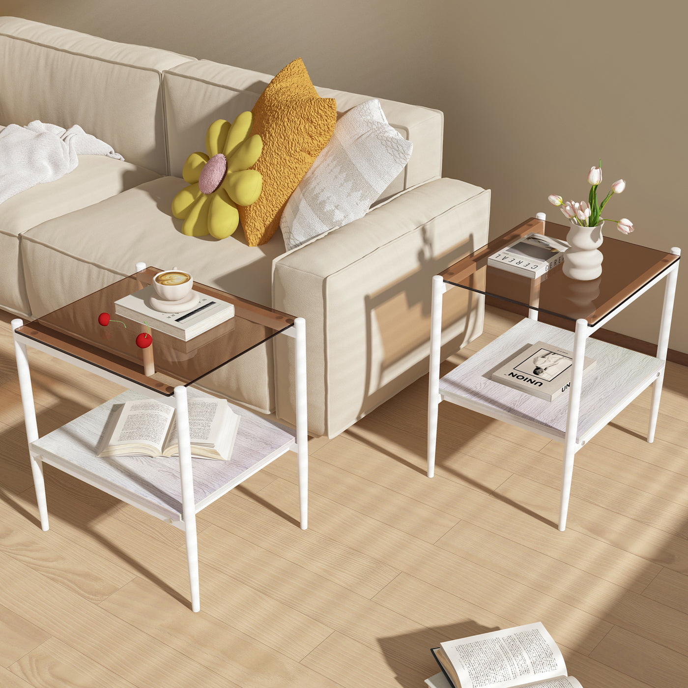Penn Modern 3-Piece Accent Table Set with Brown Glass, White