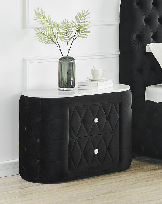 Sharron Modern Oval Faux Marble Top Upholstered Nightstand, Black