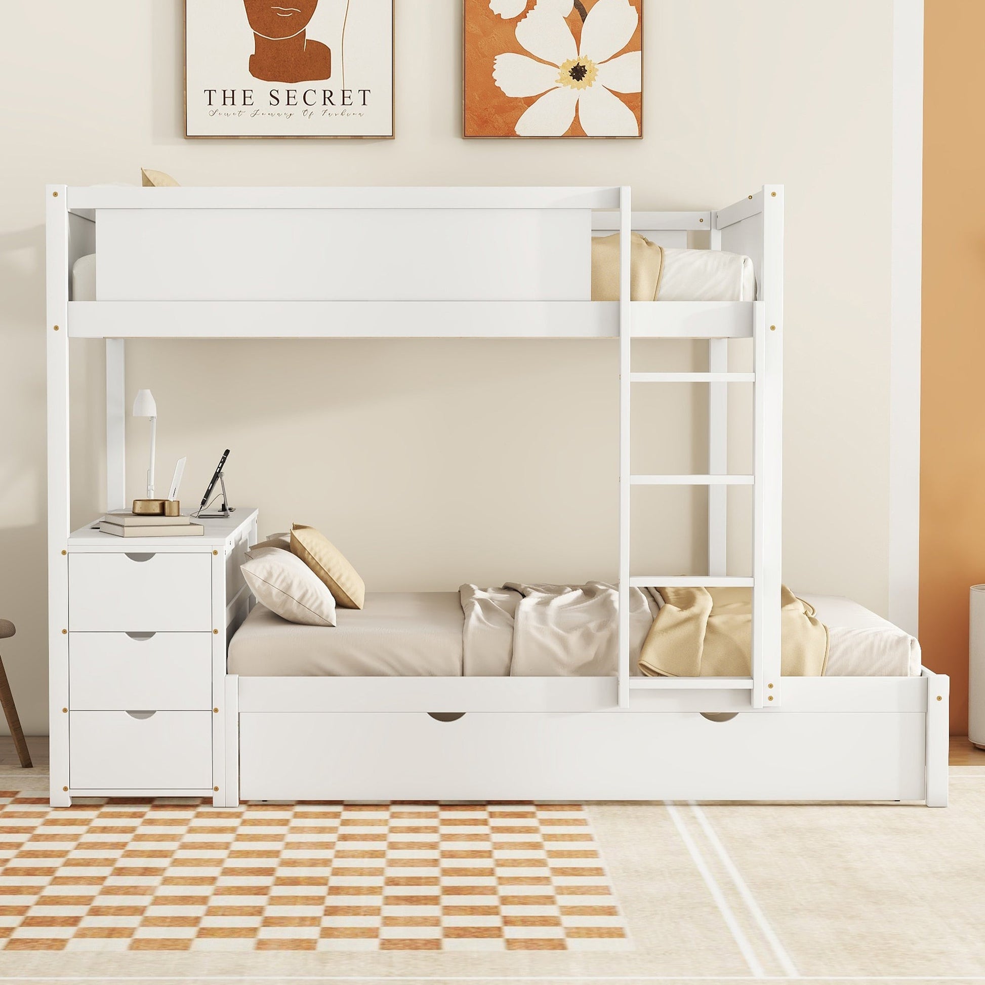 Stewart Full-Over-Full Bunk Bed with Twin size Trundle, Storage and Desk, White