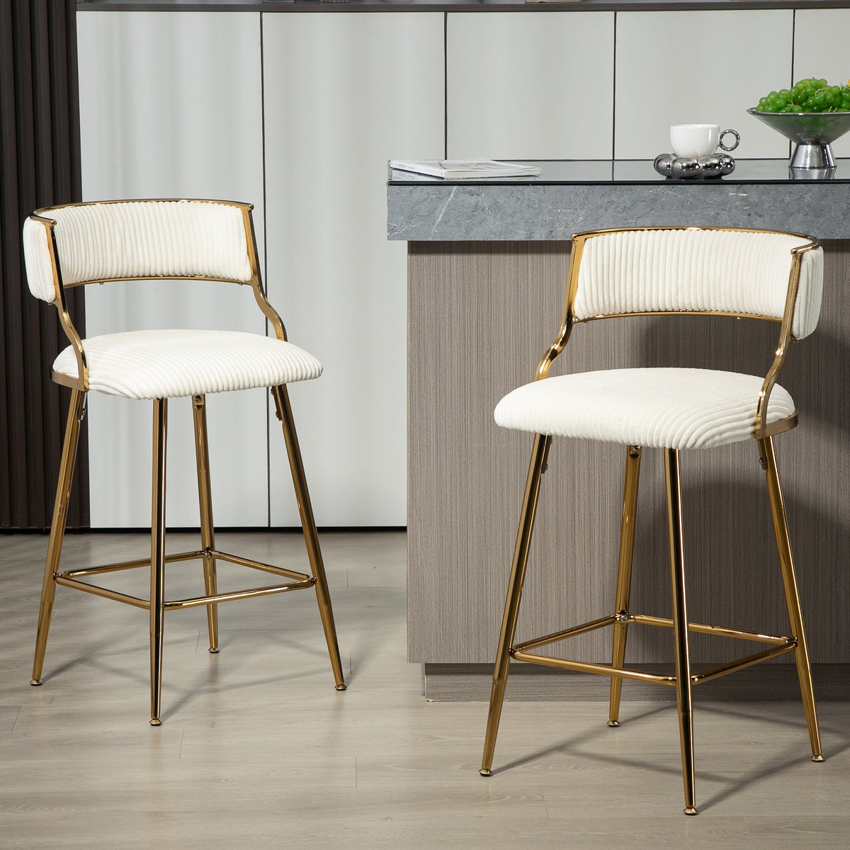 Chic Beige Corduroy 26" Counter Height Bar Stool with Back and Golden Chrome Base Set of 2