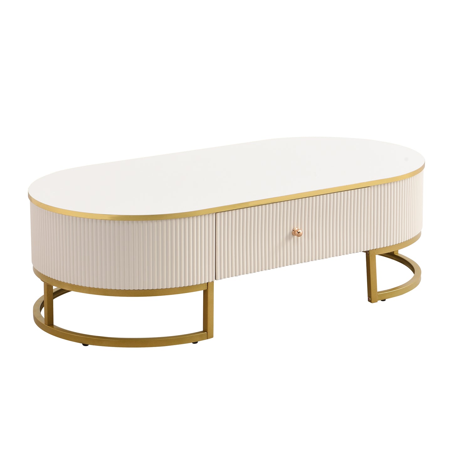 Sedona Modern Oval Coffee Table with 2 Large Drawers, White & Gold