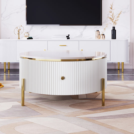 Sedona Modern Round Coffee Table with 2 Large Drawers, White & Gold
