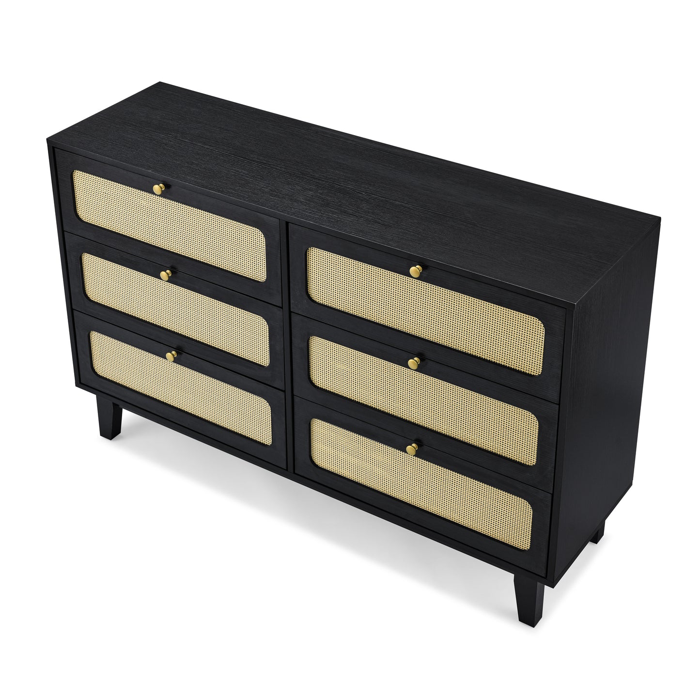 Alaric Mid-Century Modern 6-Drawer Dresser, Black & Rattan