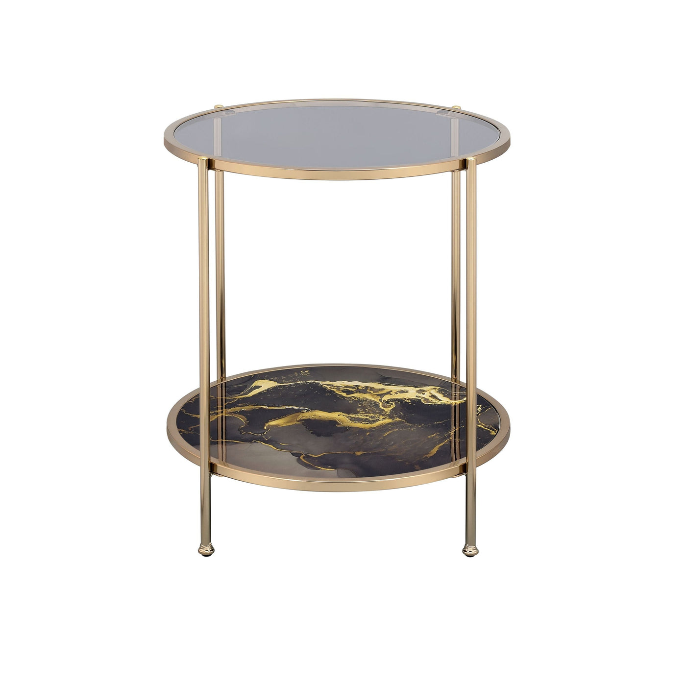 Fiorella Black Marble Print, Glass & Champagne Finish End Table