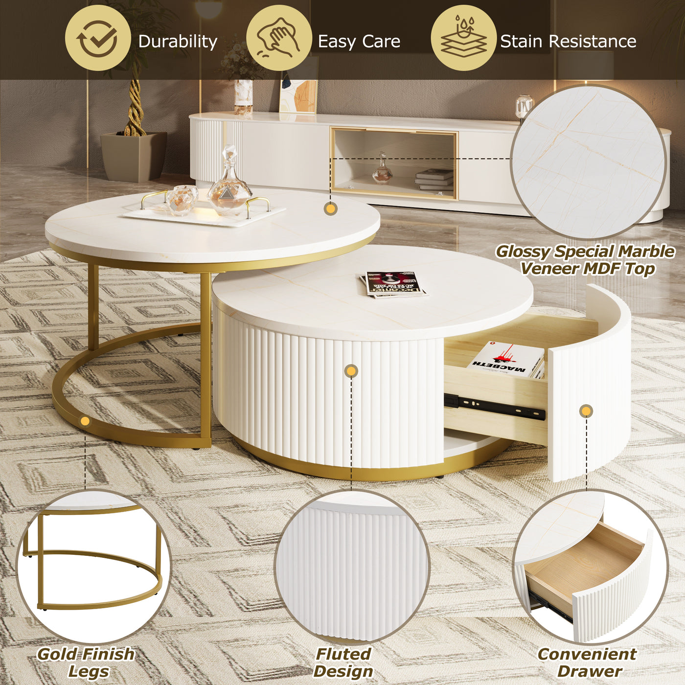 Liora Modern Nesting Coffee Table in White & Gold
