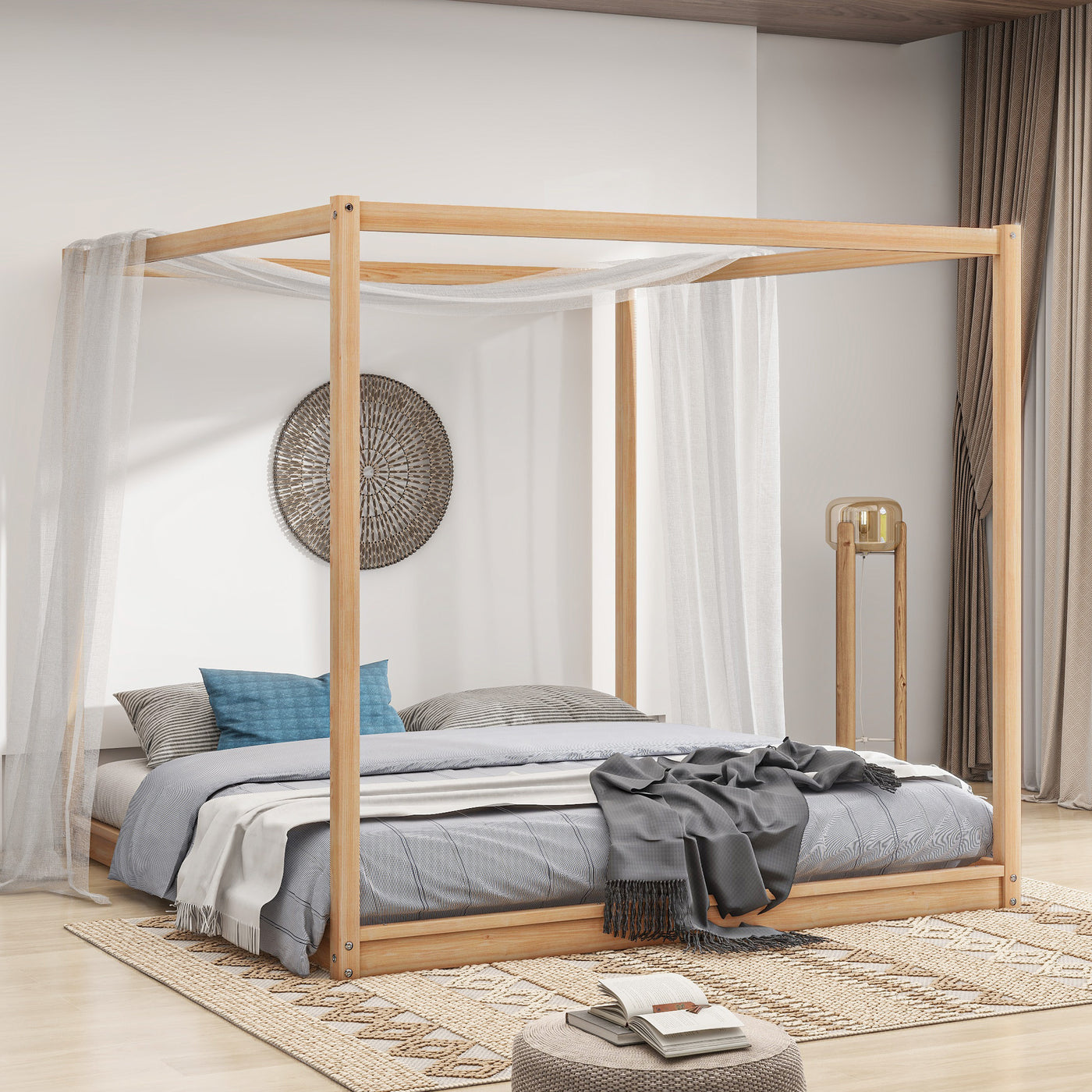Beatrix King Size Canopy Platform Bed with Support Legs, Natural