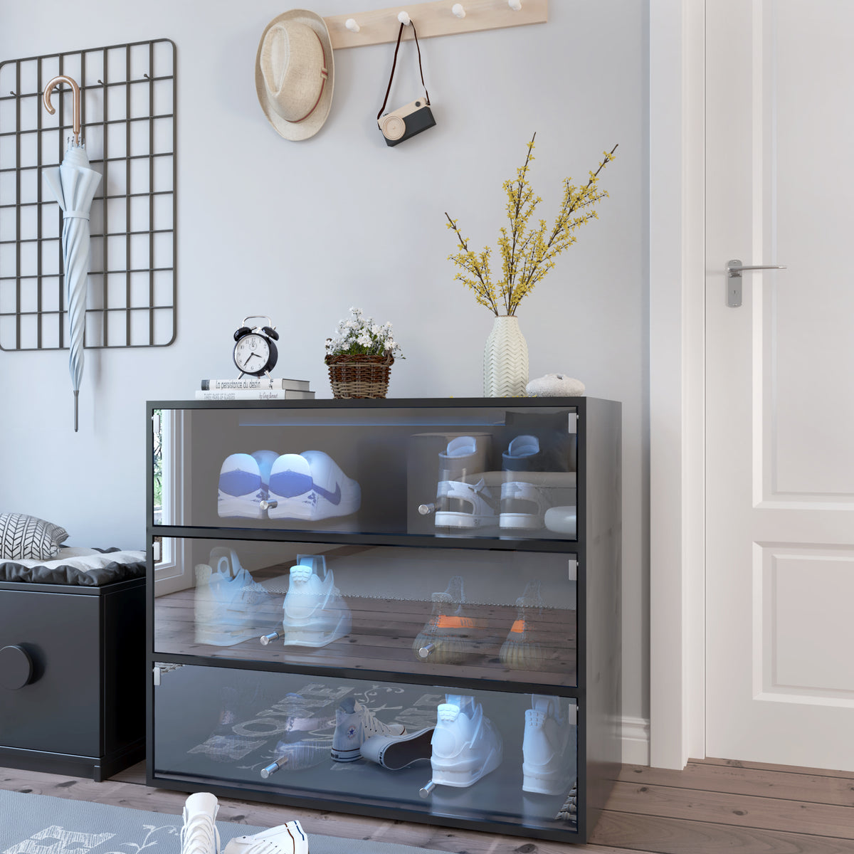 Black Glass Door Shoe Box Shoe Storage Cabinet  With RGB Led Light