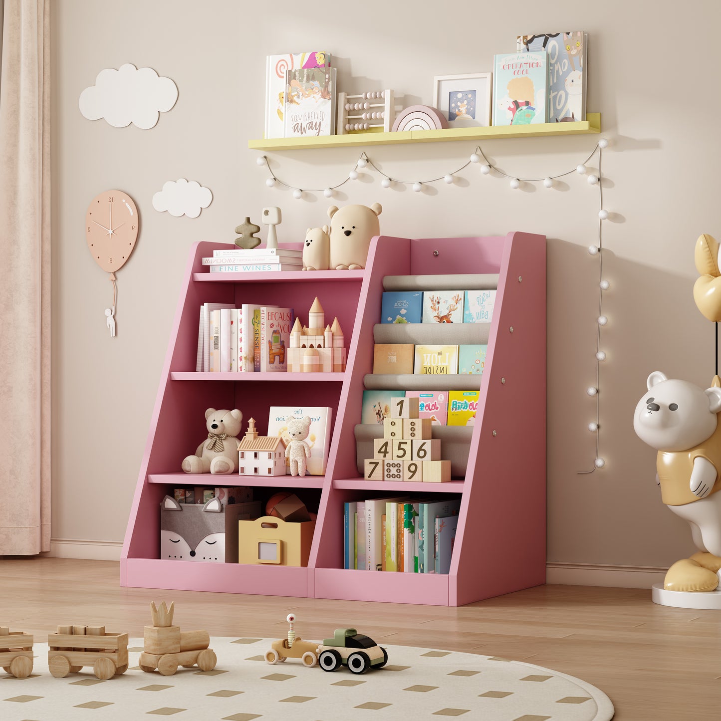 Wooden Toy & Book Organizer with Adjustable Shelf, Pink