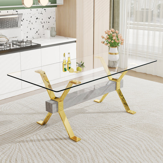 Oversher Modern Tempered Glass Dining Table with Crossbar & Gold Legs
