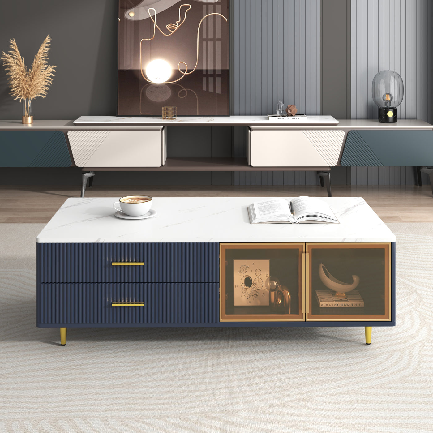 Ledger Modern Navy Blue Coffee Table with LED Lighting