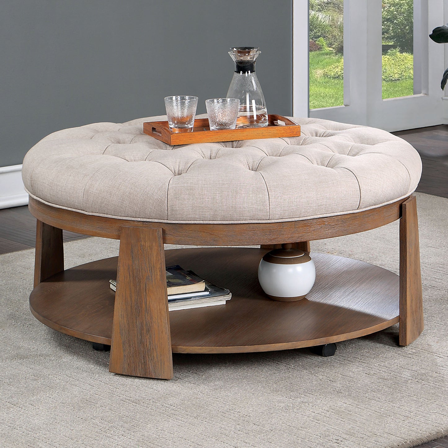 Larkspur Round Tufted Linen Ottoman with Open Bottom Shelf – Beige