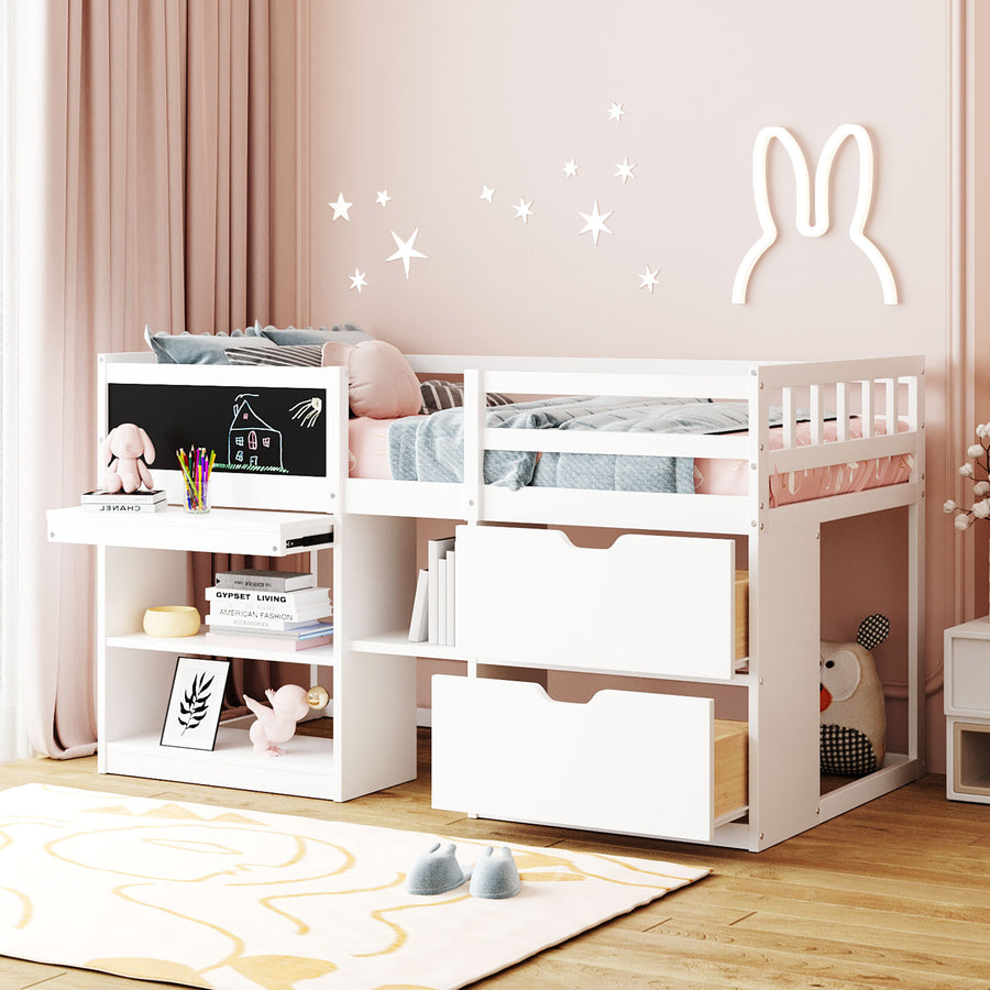 Bellamy Twin Size Low Loft Bed with Rolling Desk, Shelf and Drawers - White