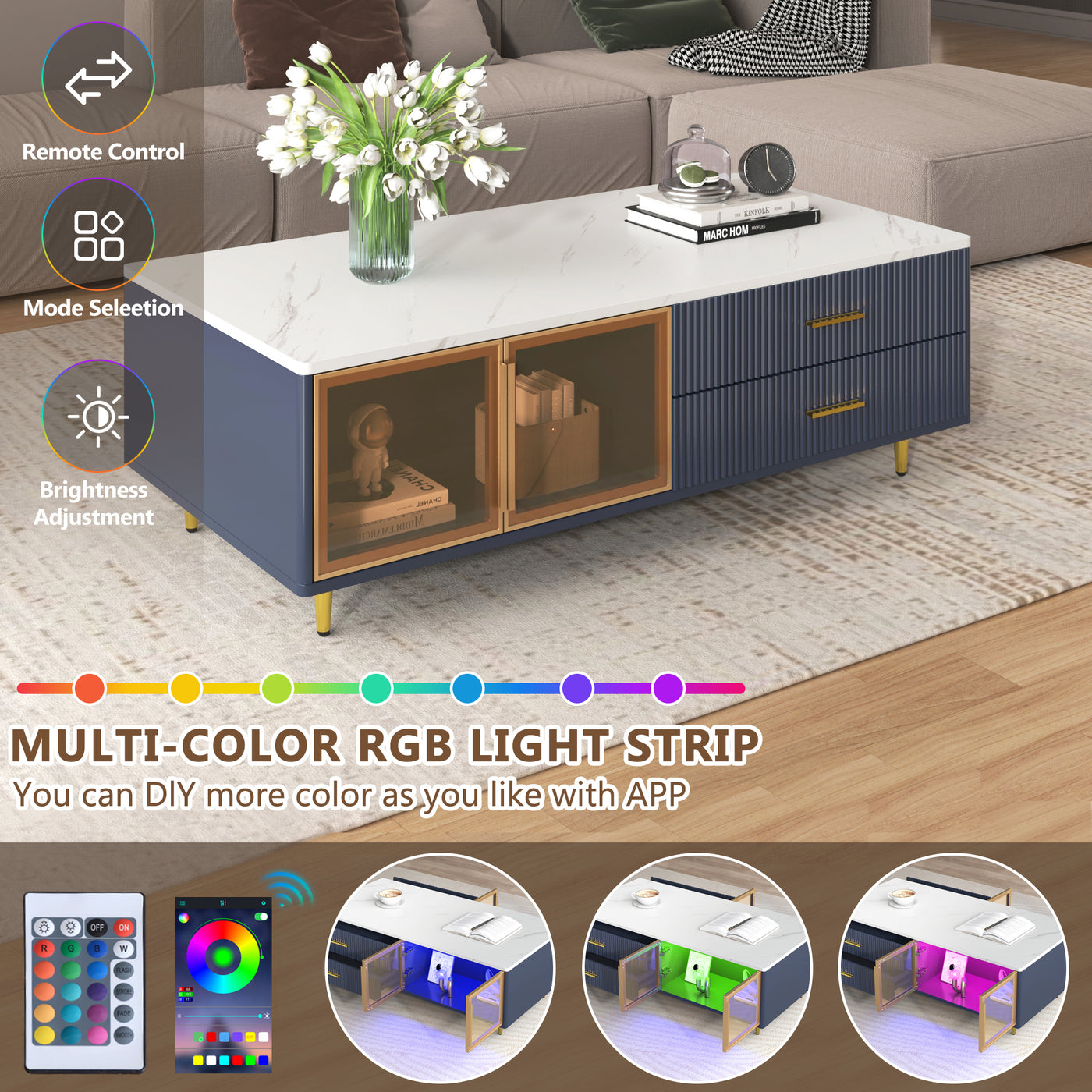 Ledger Modern Navy Blue Coffee Table with LED Lighting