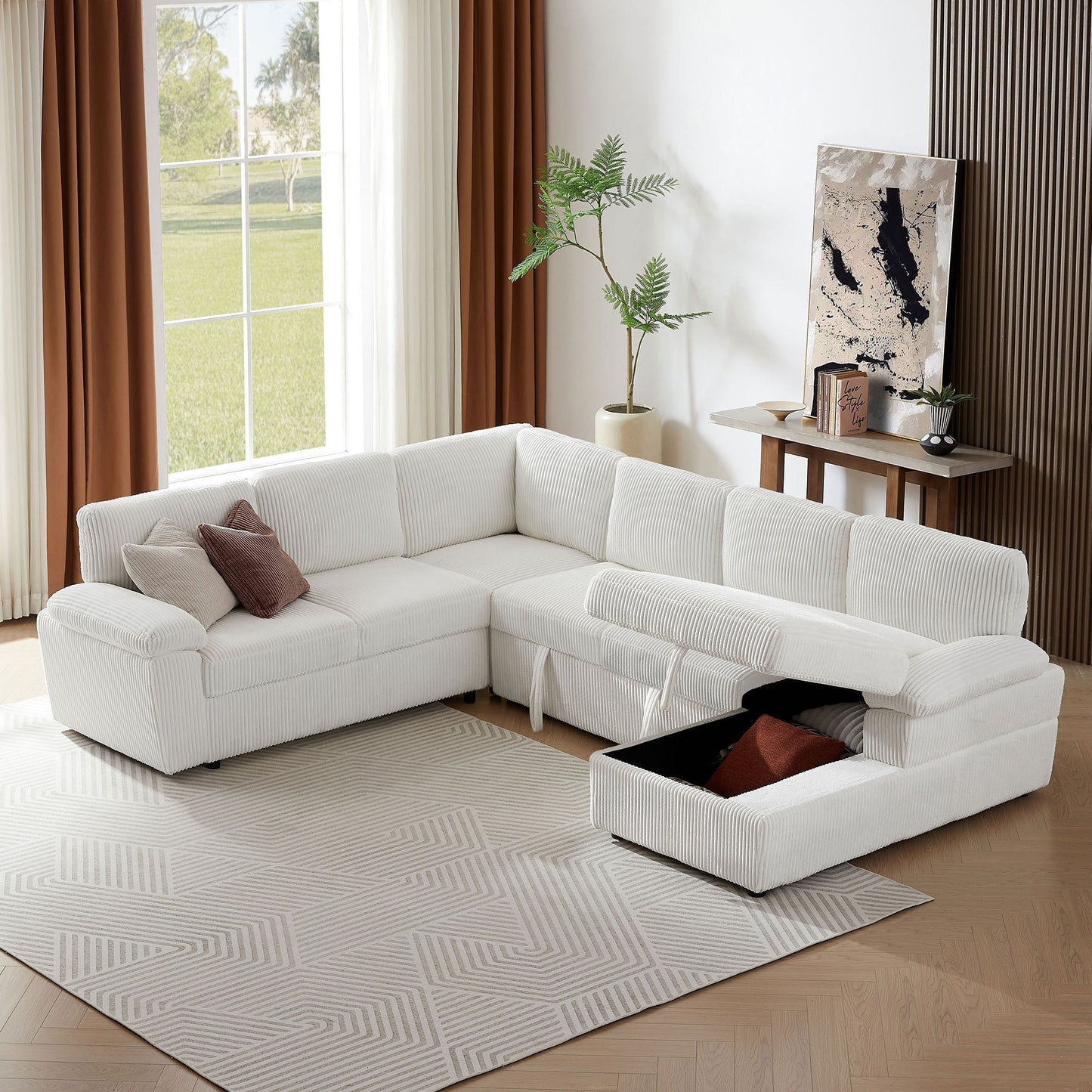 Lorcan Modern Oversize Corduroy Sleeper Sectional, White