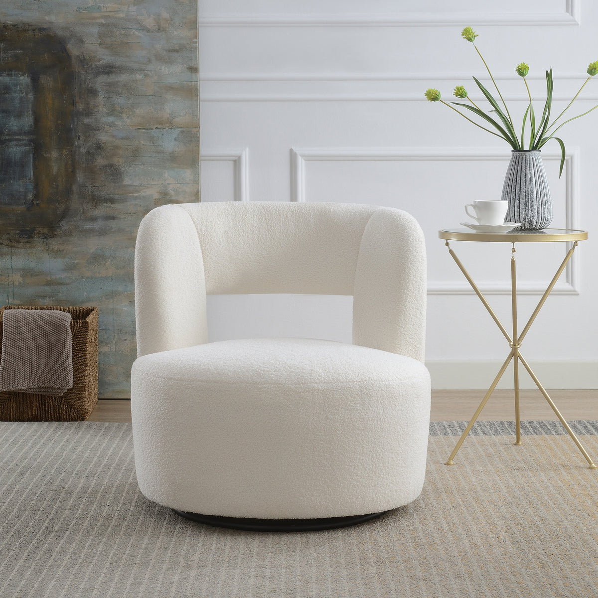 Raven Modern Teddy Fabric Upholstered Swivel Barrel Chair, Cream