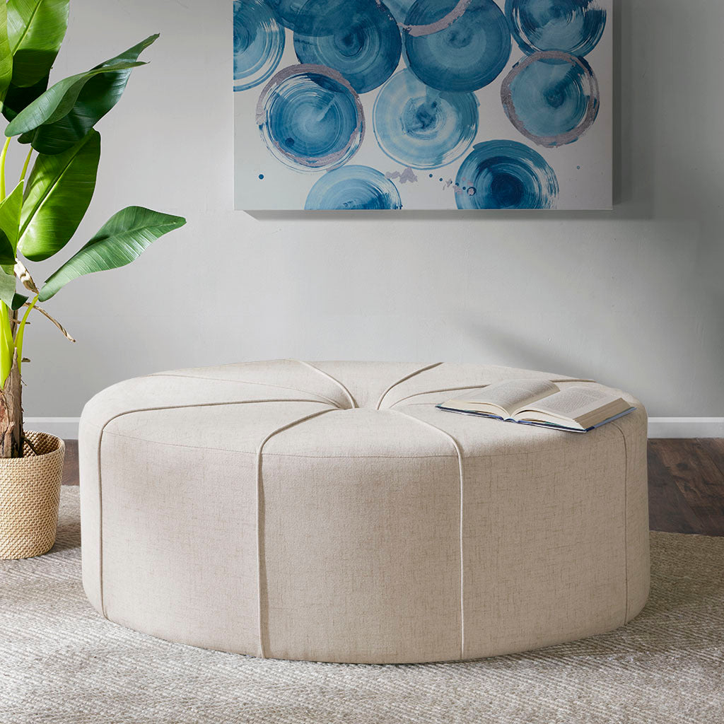 Masha 48" Round Upholstered Ottoman, Cream