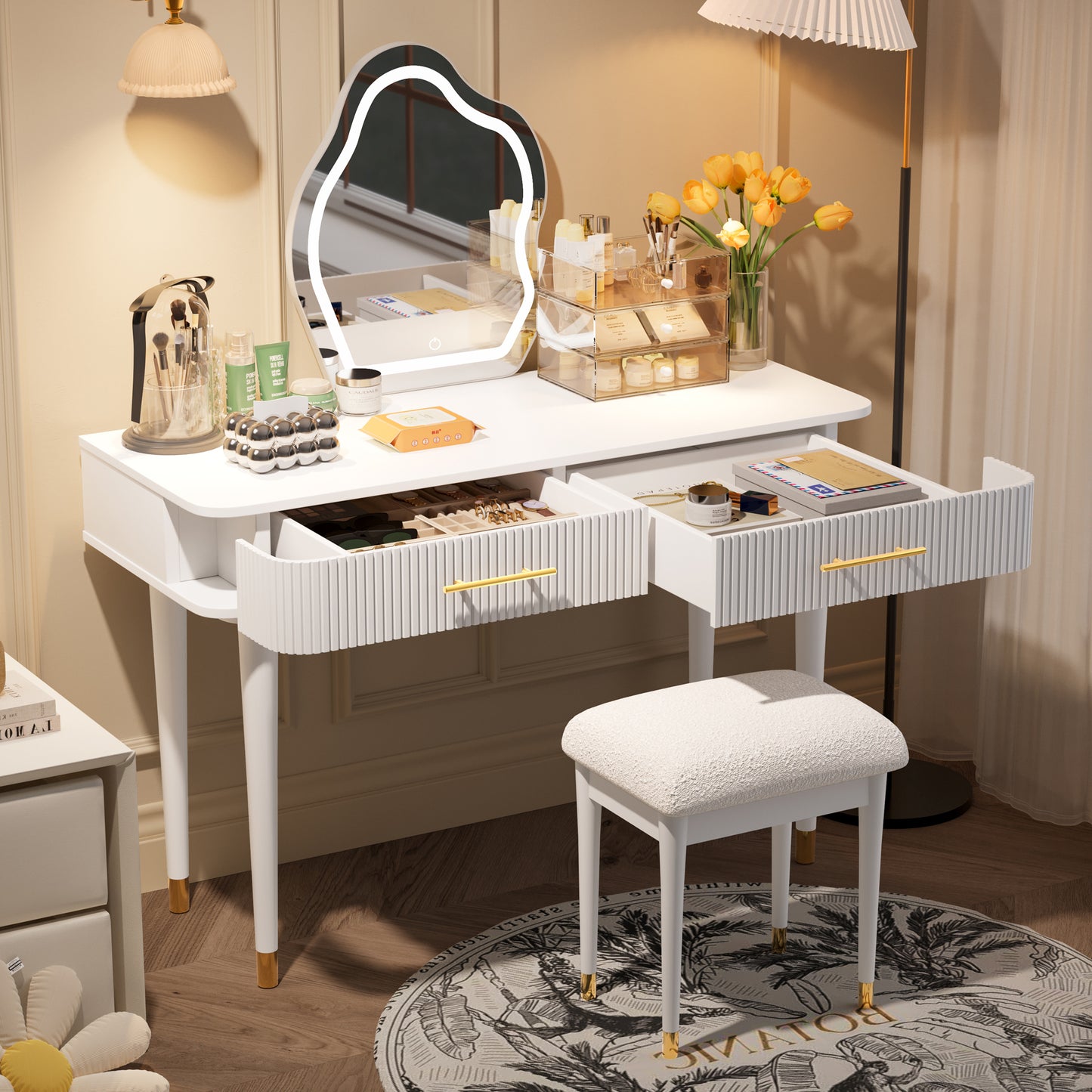 Hamilton Modern Vanity Set with Mirror Touch Screen Lighted Mirror, Dressing Table and Cushioned Stool Set