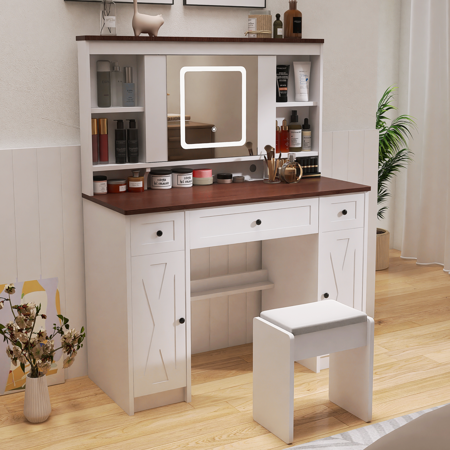 Rockport Farmhouse Vanity Set with Sliding Mirror,Lights and Charging Station, White & Brown