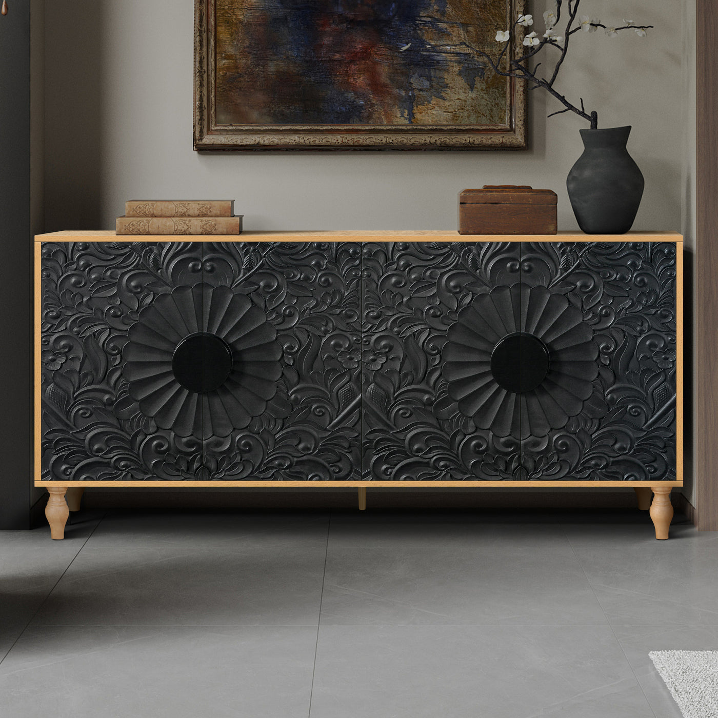 Finian Large Faceted Carved 4-Door Cabinet in Vintage Black & Natural