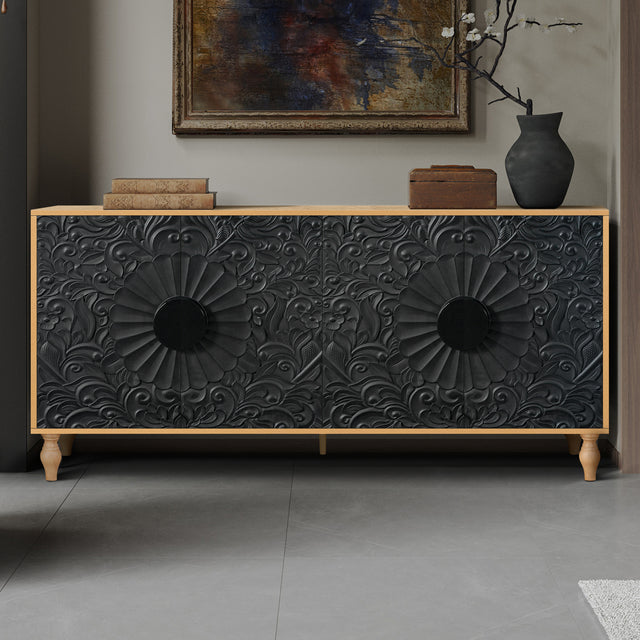 Finian Large Faceted Carved 4-Door Cabinet in Vintage Black & Natural