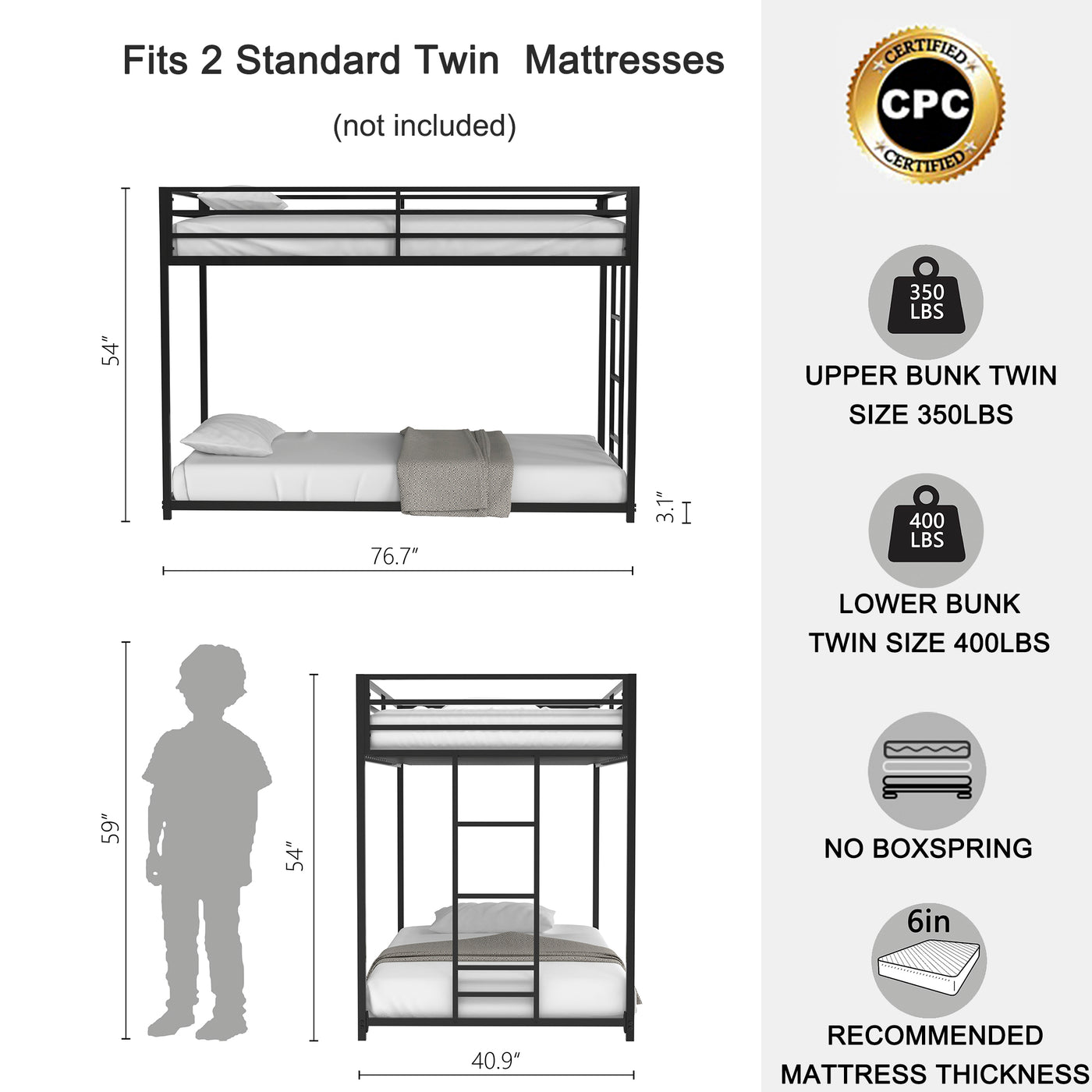 Adam Low Profile Metal Twin over Twin Bunk Bed , Black