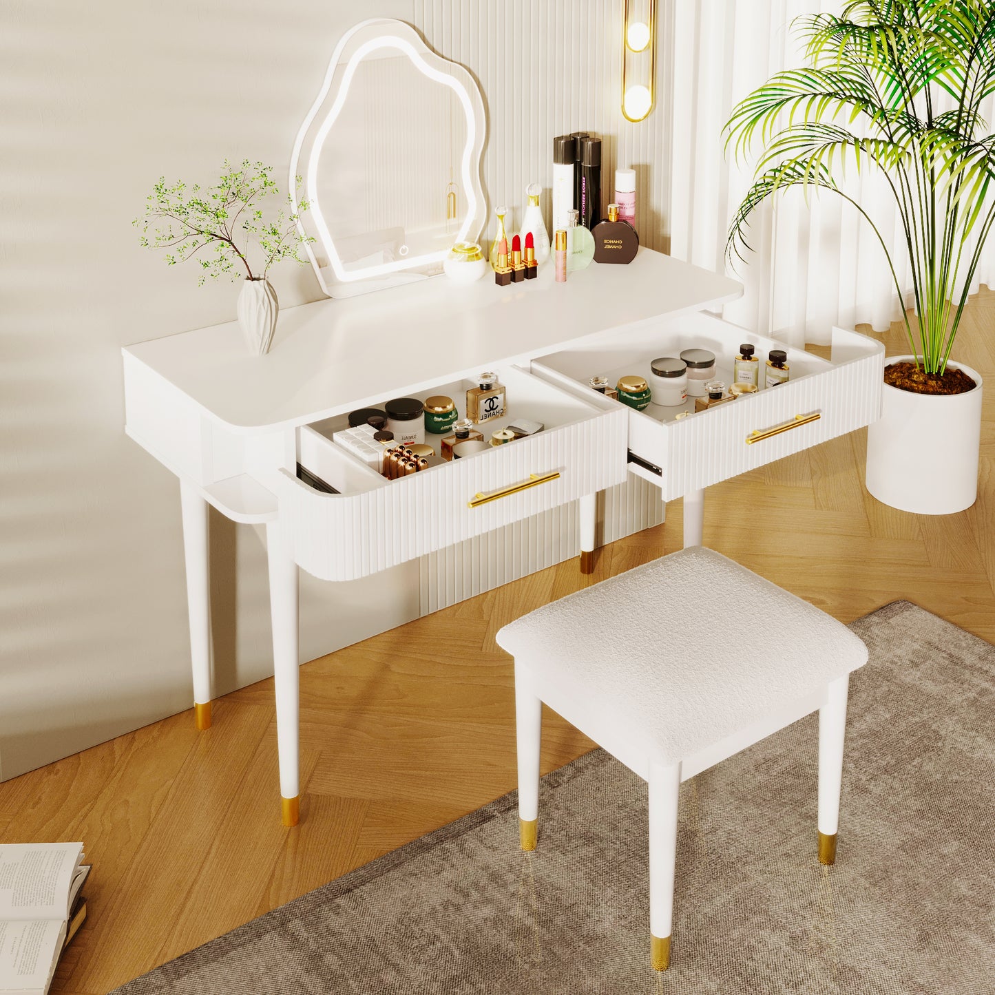 Hamilton Modern Vanity Set with Mirror Touch Screen Lighted Mirror, Dressing Table and Cushioned Stool Set