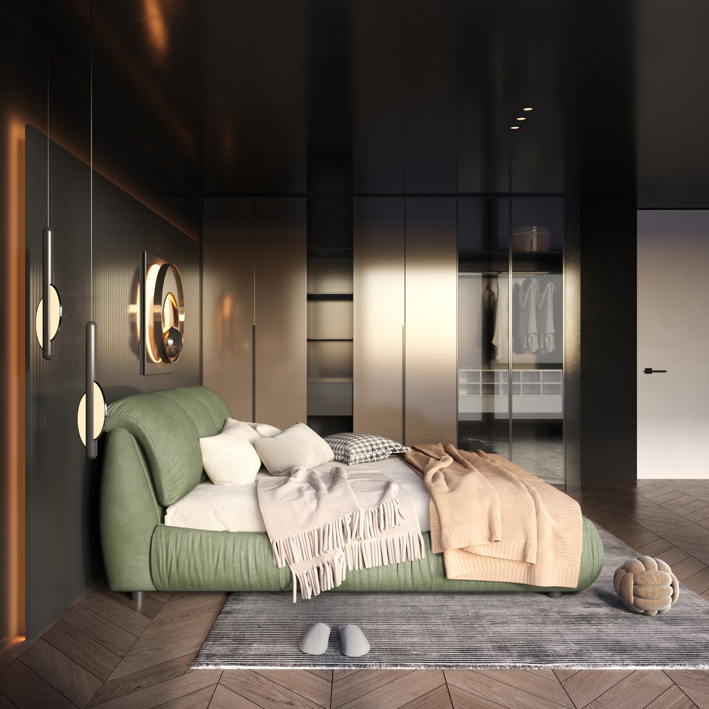 Calista Queen Platform Bed with Oversize Padded Headboard, Green