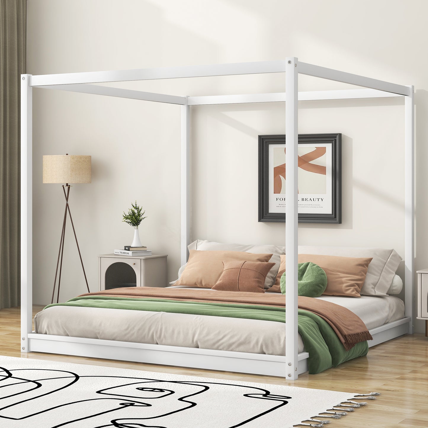 Beatrix King Size Canopy Platform Bed with Support Legs, White