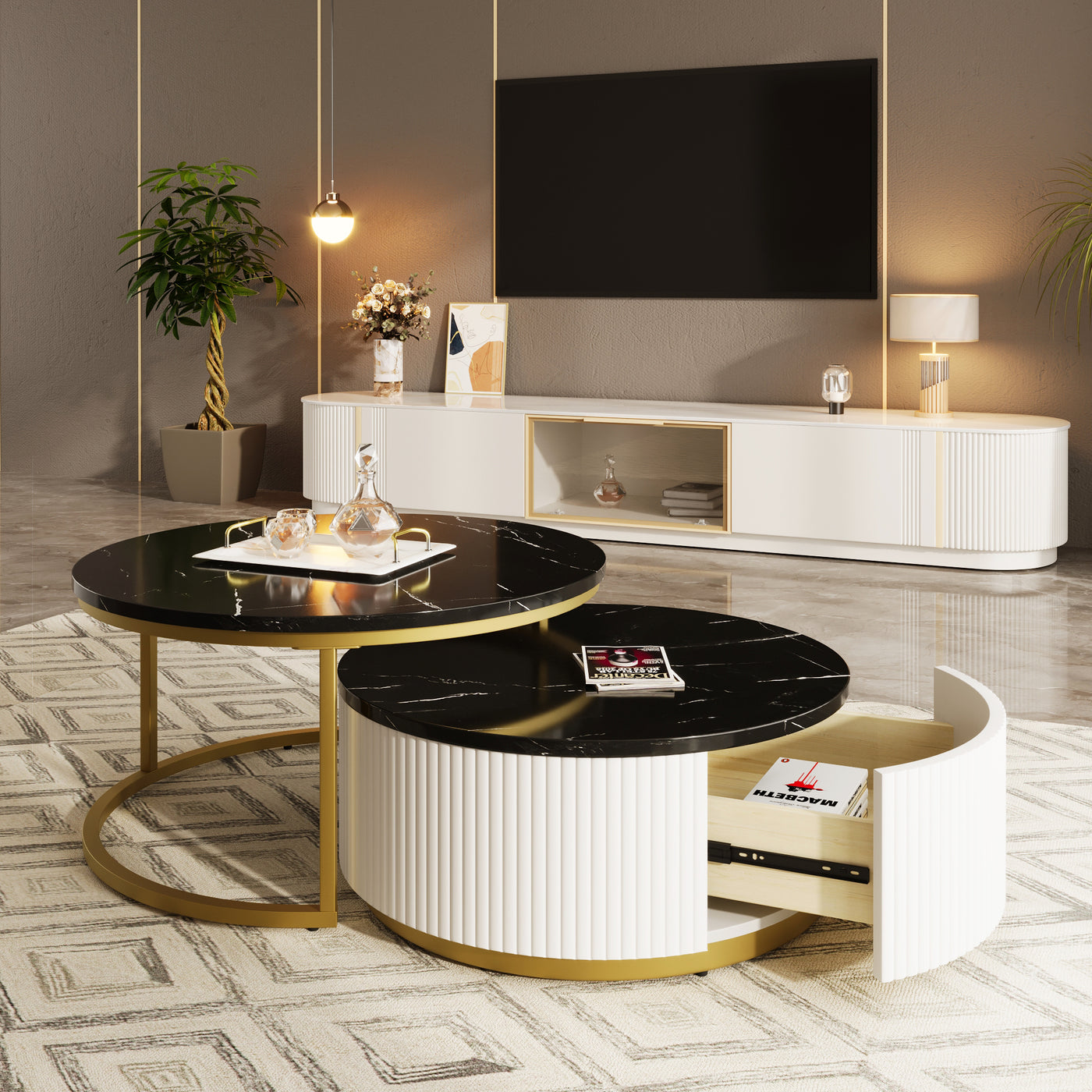 Liora Modern Nesting Coffee Table in White Black & Gold